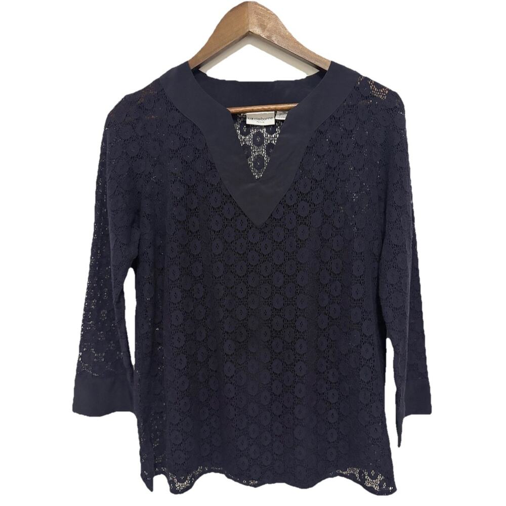 Liz Claiborne Petite PM Navy Blue Lace Blouse 3/4 Sleeve V Neck Lined Top